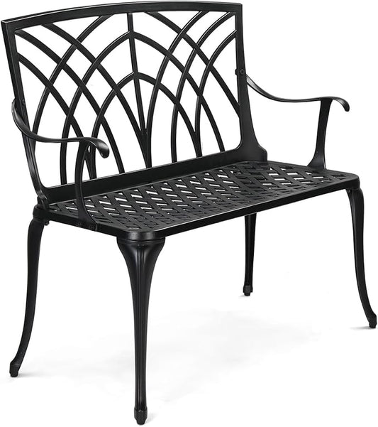 VINGLI 38" Outdoor Metal Bench, Cast Aluminium Garden Bench, Weatherproof Antique Finish Orchid Chair, 1-2 Person Seat Deck Furniture for Porch Entryway Patio (Black)