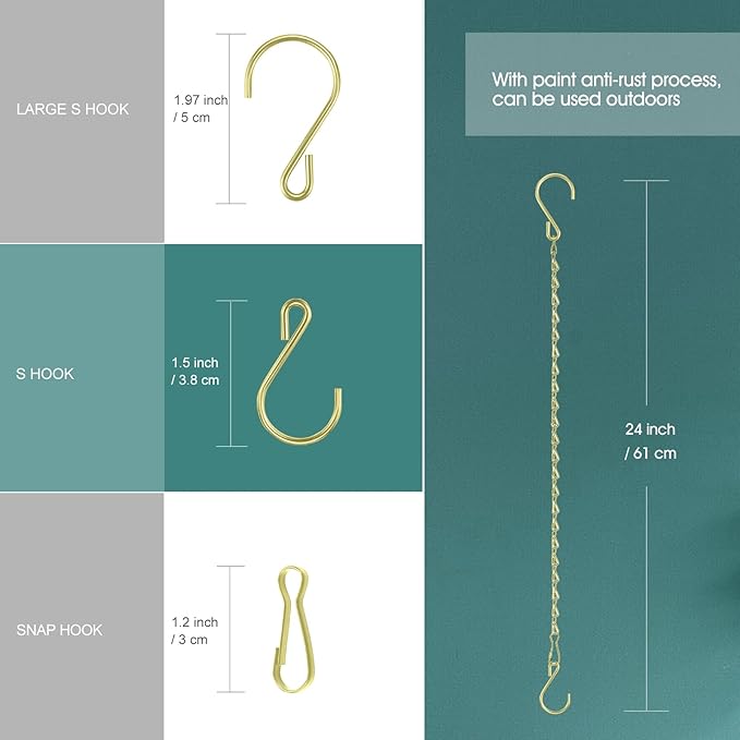 Chain for Hanging Plants, 24 Inch Gold Plant Chains for Hanging Planter Baskets Kits with Hooks for Bird Feeder Wind Chime, Chains Perfect for Indoor Outdoor Decor (10 PCS)