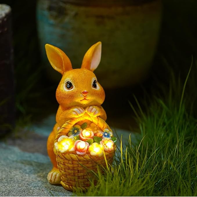 Garden Rabbit Statue Solar Light Outdoor Decorations Rabbit Figurine Light for Outdoor Patio Balcony Yard Porch Lawn for Women Mom Grandma Family Friend