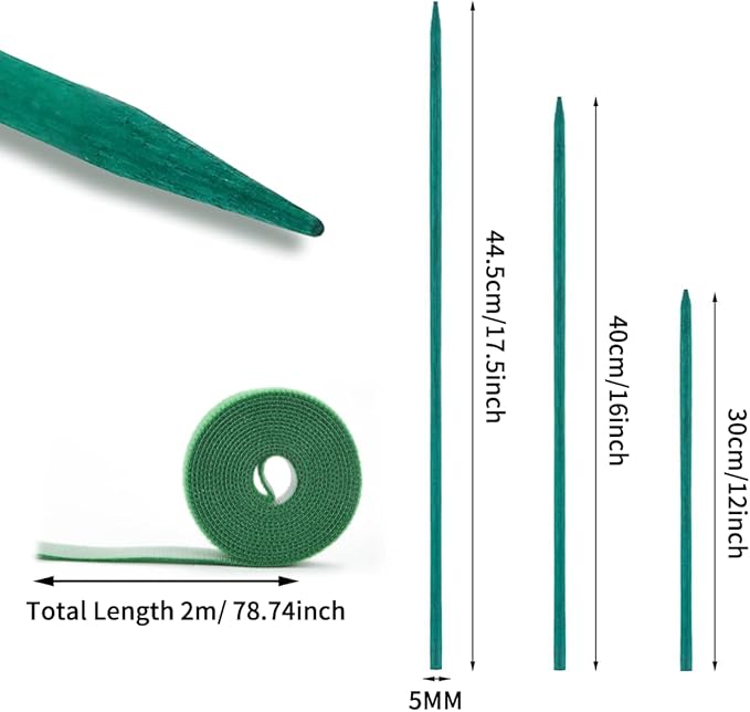 30Pcs 16 Inch Green Bamboo Garden Stakes, Wooden Plant Support Sticks with Garden Ties and Nylon Plant Tie Strap