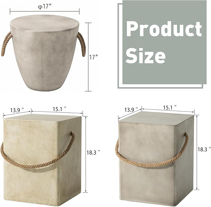 SUNBURY Outdoor Side Table Set of 2, 2 Pieces Concrete Side Table for Patio,18"H Small Outdoor Accent Table w Hemp Rope, Patio Side Table End Table Warm Gray, Ceramic Side Table Garden Stool Log Table