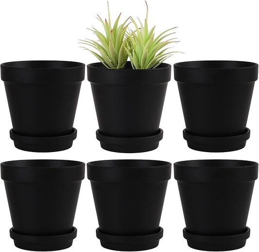 Yishang Large Terra Cotta Pots with Saucer- 6 Pack Large 6'' Terra Cotta Plant Pot with Drainage Hole, Flower Pot with Tray, Terracotta Pot for Indoor Outdoor Plant(Black)