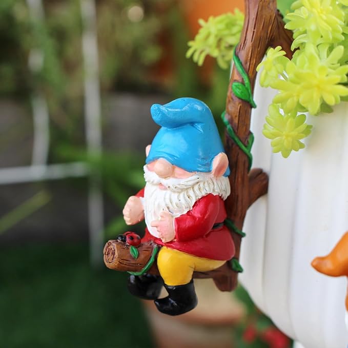 Set of 3 Cute Climbing Gnome Figurines Flower Pot Hugger, Resin Hanging Gnomes Statue Outdoor Decor Fence Ornaments for Patio Lawn Garden Yard (Swing Gnome)