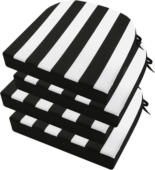 idee-home Outdoor Chair Cushions Set of 4, Thick 19" x 19" x 3" Outdoor Seat Cushion Waterproof for Patio Furniture with Ties, Patio Chair Pads Dining Black Stripes
