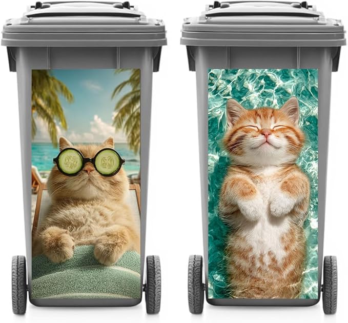 2PC Trash Can Sticker 14.57 x 32.28 Inch Relaxing Cat Design Summer Beach Theme Decorative Garbage Bin Cover Outdoor Trash Can Decal Art for Home Yard Garden Holiday Decoration