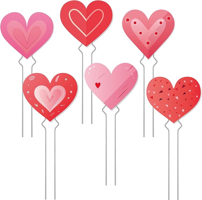 6 Pcs Valentine's Day Heart Planter Stake Hollow Heart Garden Metal Stake Sign Corrugated Plastic Valentine's Day Outdoor Decor for Indoor Outdoor Patio Plant Pot, Flower Bed(Classic Style)