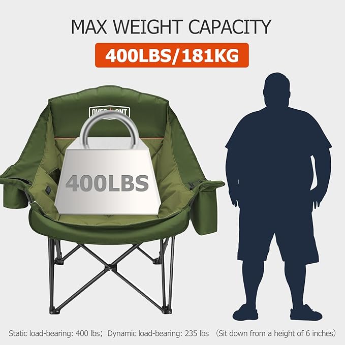 Overmont Heated Oversized Camping Chair for Adults - 3 Heat Levels Seat & Back Separately Control - 400lbs Support Heavy Duty Padded Folding Chair Outdoor Garden Portable - Battery NOT Included