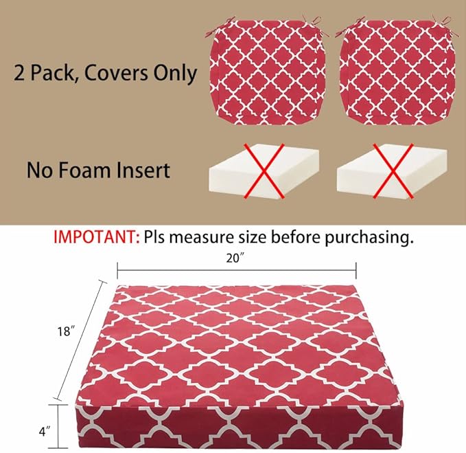 Magpie Fabrics Indoor Outdoor Cushion Cover Replacement 2 Pack, NO INSERT! Water Repellent Slipcover with Ties Christmas Decor for Patio Garden Chair Seat Sofa Bench Wicker(Geometry Red, 20x18x4 Inch)