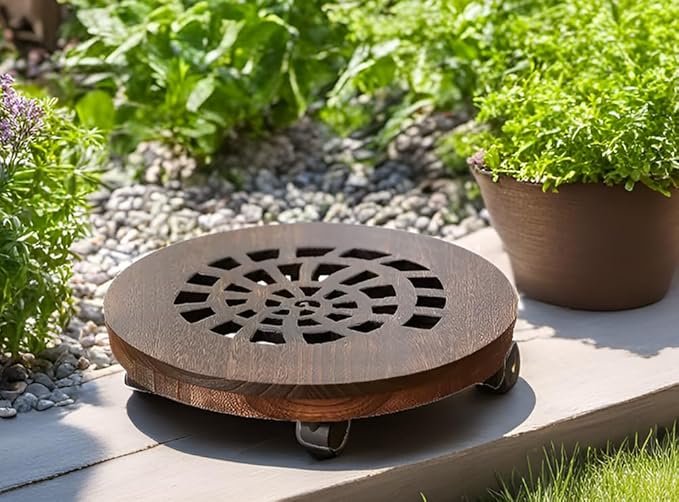 Wood Plant Caddy, Heavy Duty Rolling Planter Dolly With Rotating Casters, Movable Flower Pot Stand, Round Plant Rack With Lockable Wheels,Heavy Objects Hauling (13 Inch)