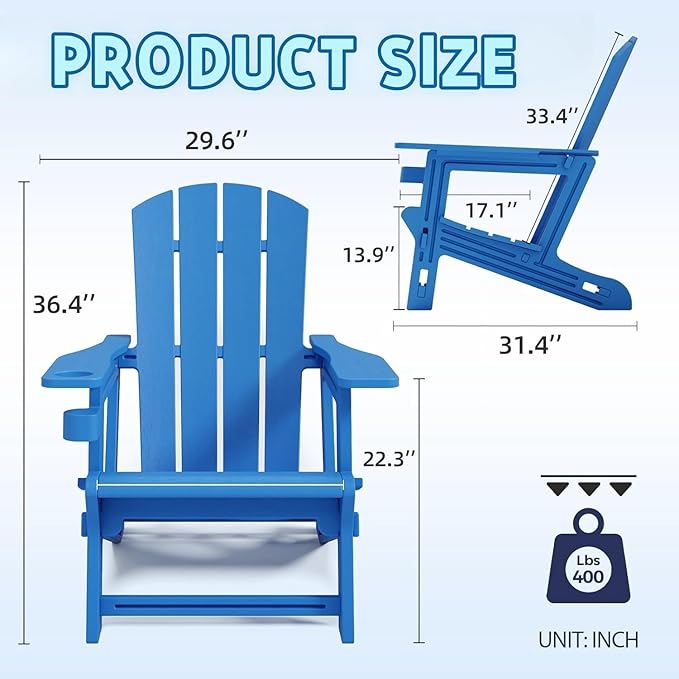 Adirondack Chair Set of 2, All Weather Plastic Adirondack Chairs, Fire Pit Chairs with Cup Holder, Outdoor Lawn Chair for Patio, Garden, Backyard, Klein Blue