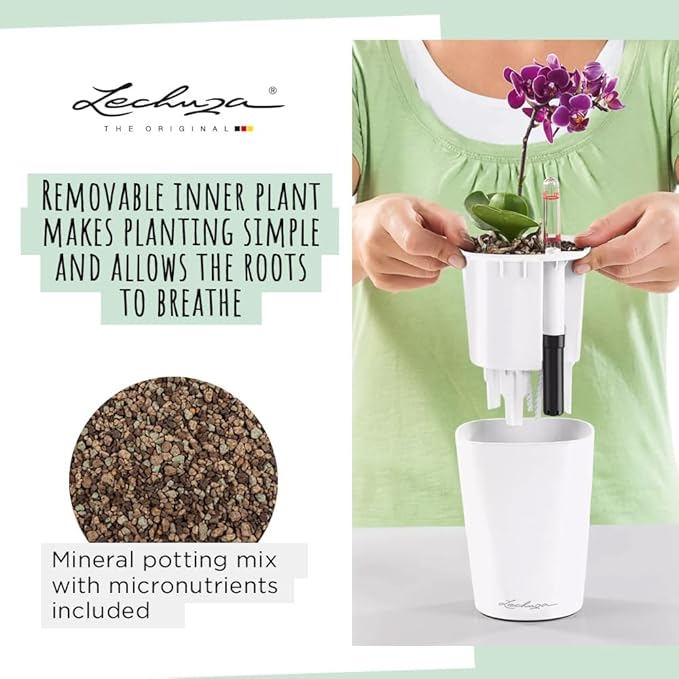 Lechuza MINI-DELTINI Cream White High Gloss, Self-Watering Small Indoor Planter, H5.1 L3.9 W3.9, 0.4L in