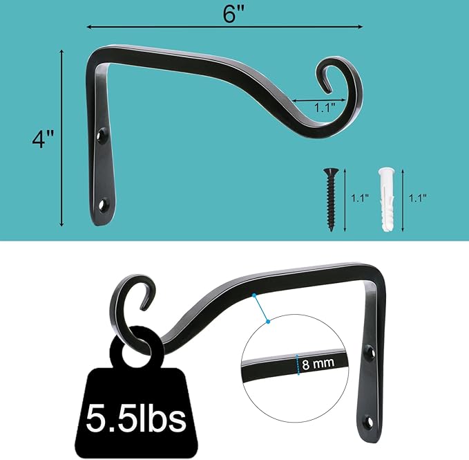 LOOGI Hanging Plant Bracket, Wall Hook Plant Hanger 6 Inch Decorative Hooks for Indoor Planter Lantern, Outdoor Bird Feeder Wind Chime, 2 Pack Black