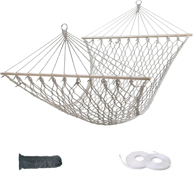 Hammocks Double Rope Hammock,Portable HandwovenTraditional Cotton Rope1 Person Hammock,with Spreader Bar,for Suitable for Patio, Beach, Garden (White)