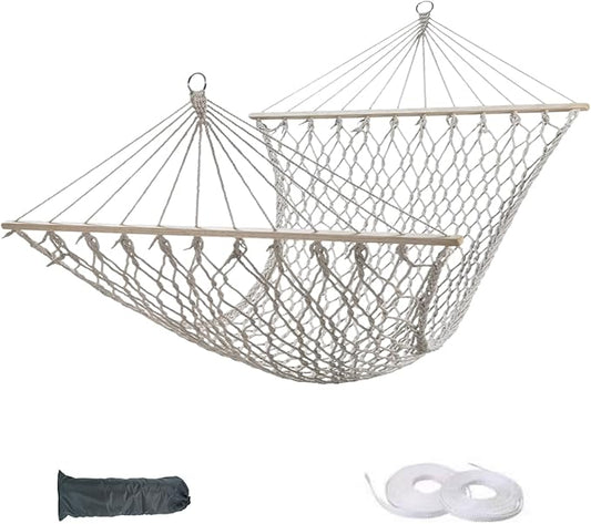 Hammocks Double Rope Hammock,Portable HandwovenTraditional Cotton Rope1 Person Hammock,with Spreader Bar,for Suitable for Patio, Beach, Garden (White)