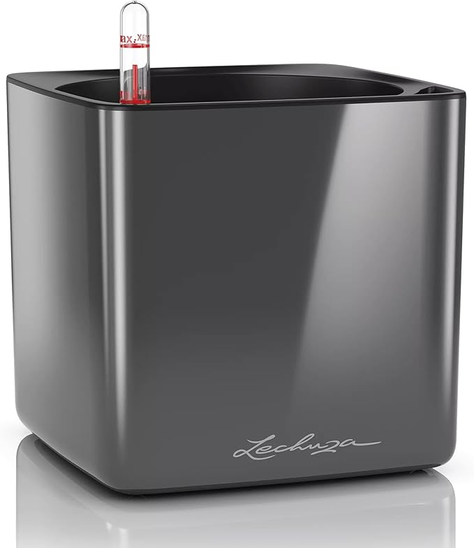 Lechuza Cube Glossy 16 Charcoal High Gloss, Self-Watering Indoor Small Plant Pot, H6.3 L6.7 W6.7 in