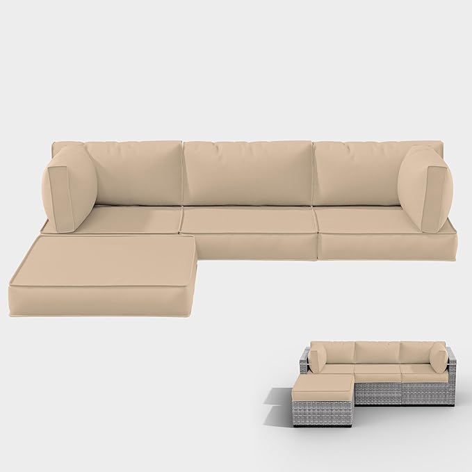 Outdoor Cushions for Patio Furniture with 5 Pillows, Waterproof Patio Furniture Cushions Replacement, 4" Deep Seat Outdoor Sectional Cushions for 4-seat Patio Furniture Chair Sofa Couch,Sand