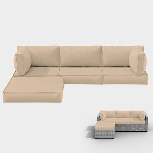 Outdoor Cushions for Patio Furniture with 5 Pillows, Waterproof Patio Furniture Cushions Replacement, 4" Deep Seat Outdoor Sectional Cushions for 4-seat Patio Furniture Chair Sofa Couch,Sand