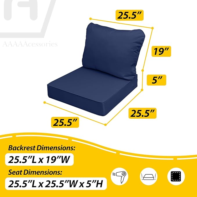 AAAAAcessories Outdoor Deep Seat Cushions, Waterproof, Fade-Resistant Patio Furniture Replacement Cushions, 25.5" x 25.5" x 5" + 25.5" x 19", Set of 4, Navy Blue