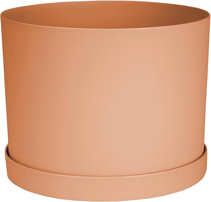 Bloem Mathers 8" Muted Terra Cotta Round Modern Resin Garden Planter Pot with Drainage Holes and Removable Saucer Tray Included