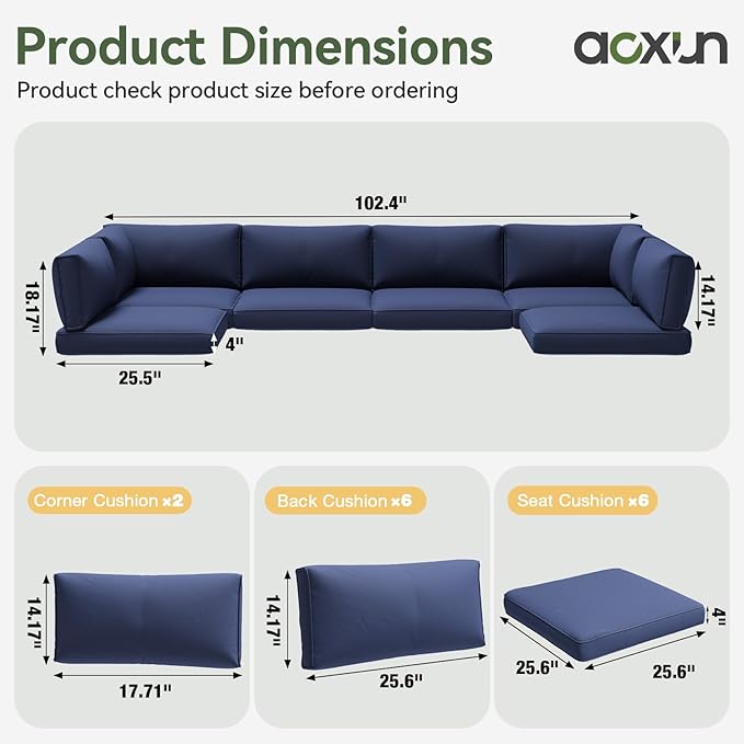 Aoxun Replacement Cushions for Outdoor Furniture, 14-Piece Outdoor Cushions for Patio Furniture, Deep Seat, Splash-Proof & Fade Resistant Couch Cushion for 6-Seat Patio Conversation Sets, Navy Blue