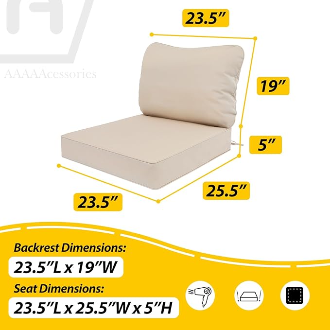 AAAAAcessories Outdoor Deep Seat Cushions, Waterproof, Fade-Resistant Patio Furniture Replacement Cushions, 23.5" x 25.5" x 5" + 23.5" x 19", Khaki Beige