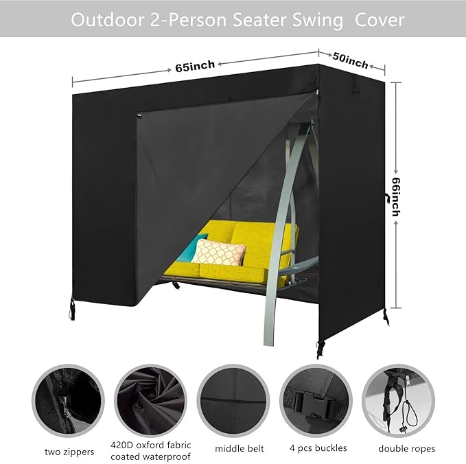 2 Seater Patio Swing Cover Outdoor Swing Chair Cover Hammock Glider Cover Durable Waterproof Dustproof Windproof All Weather Protector Black