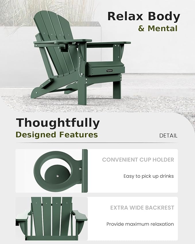 MUCHENGHY Folding Adirondack Chairs Set of 4, Patio Chairs, Lawn Chairs, Outdoor Chairs, Adirondack Chair Plastic, Fire Pit Chairs, Weather Resistant with Cup Holder for Deck, Backyard, Garden(Green)