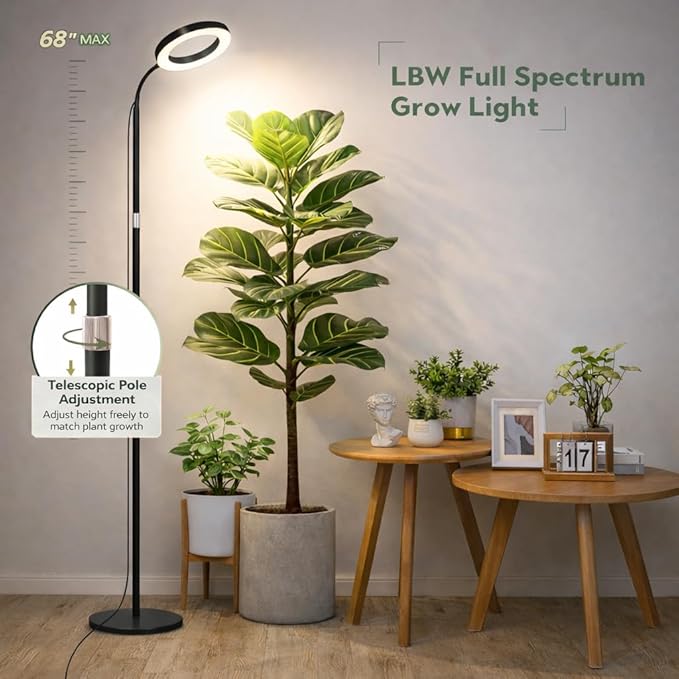 LBW Floor Grow Light with Stand for Large & Tall Indoor Plants, Full Spectrum Floor Plant Light, Auto On/Off Timer 6/8/12/16H, 5-Level Dimmable, 3 Lighting Modes, Adjustable Height up to 68''