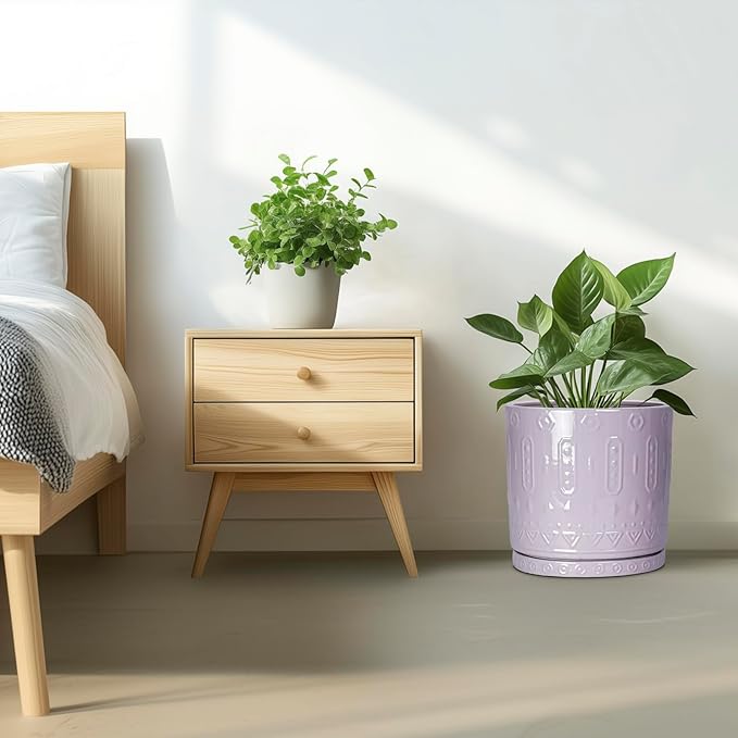 Ceramic Plant Pots, 12 Inch Pots for Plants Indoor Outdoor, Round Planter with Drainage Hole and Tray, Modern Decorative Flower Pot, Home Apartment Decor, House Warming Gifts, Purple