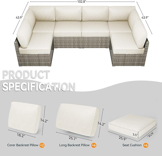 Patio Cushions for Outdoor Furniture,Water-Resistant Outdoor Cushions for 6 Seat Outdoor Sectinal,25.3"×25.3" Deep Seat Sofa Cushions, 14-Piece Outdoor Couch Cushions,Cream White