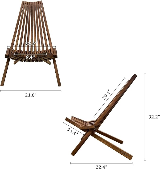 Melino Wooden Folding Tamarack Chairs, FSC Certified Acacia Low Profile Adirondack Chairs, Wood Folding Chair for Outdoor, Patio, Porch, Pool, Backyard, Garden, Balcony and Deck - Chestnut - Single