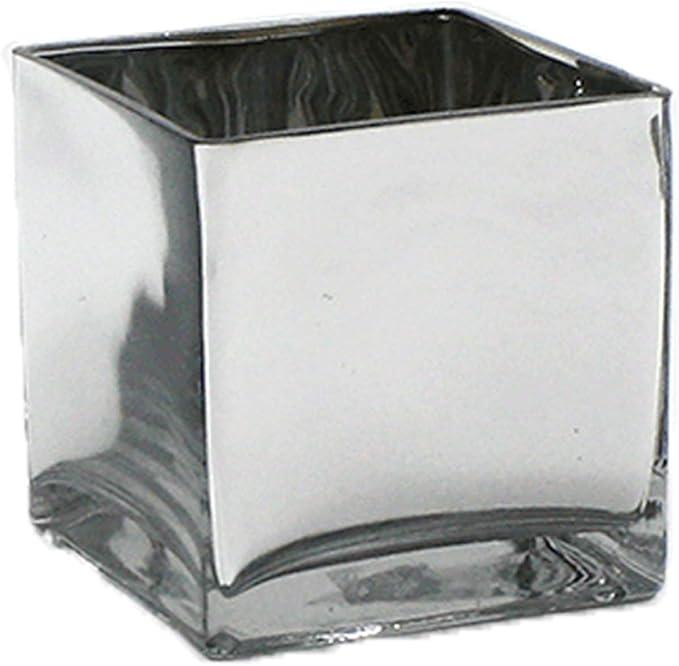 WGV Cube Glass Vase, Candle Holder, 6"x6"x6", Silver Elegant Floral Accent Container Planter Terrarium Storage for Wedding Party Ceremony Event Office Home Decor, 1 Piece