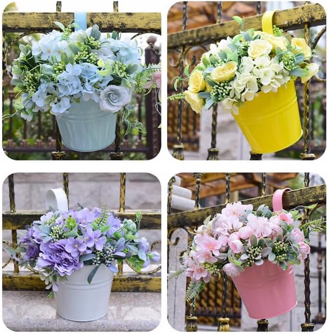 Leoyoubei Hanging Flower Pots for Outdoor Indoor Plants with Removable Hooks -5 Pack Metal Buckets Hanging Planters Wall Fence Home Decor-Storage Box,Drainage Holes -5''Diameter (White)