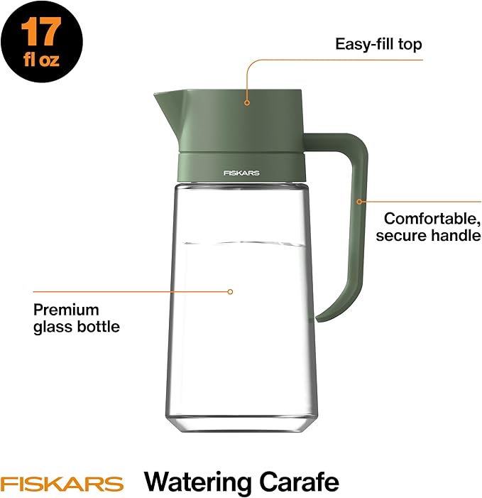 Fiskars Glass Watering Carafe for Indoor Plants – Easy-Fill Top Houseplant Watering Can, Drip-Free Narrow Spout, Small Plant Watering Pitcher, 0.5L/17 oz.