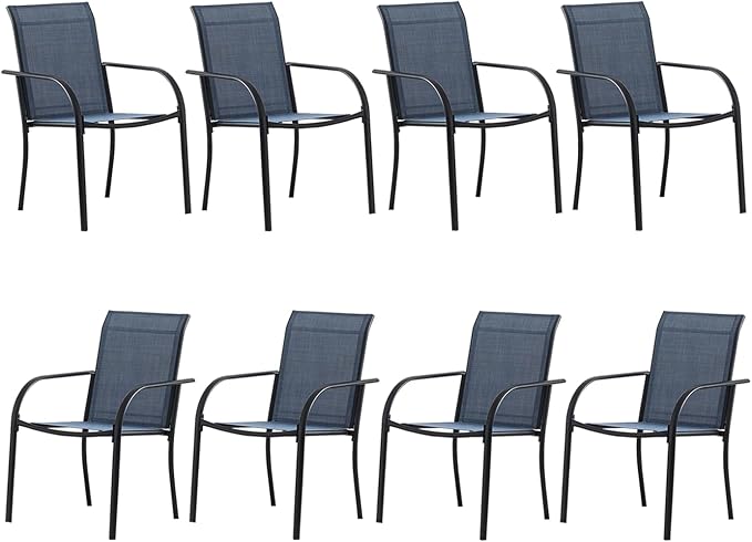 Outdoor Patio Dining Chairs Set of 8, Lightweight Stackable Patio Chairs with Curved Armrests & Wide Seat, Heavy Duty 300 lbs Capacity, Garden Chairs for Backyard, Deck, Poolside, Dark Blue