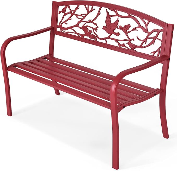 Tangkula Metal Outdoor Garden Bench Park Bench, Patio Bench with Bird & Twig Cast Iron Back Pattern, Heavy-Duty Patio Chair with Back & Arms, Seats 2-3 Persons, for Porch, Yard, Park, Lawn, Porch