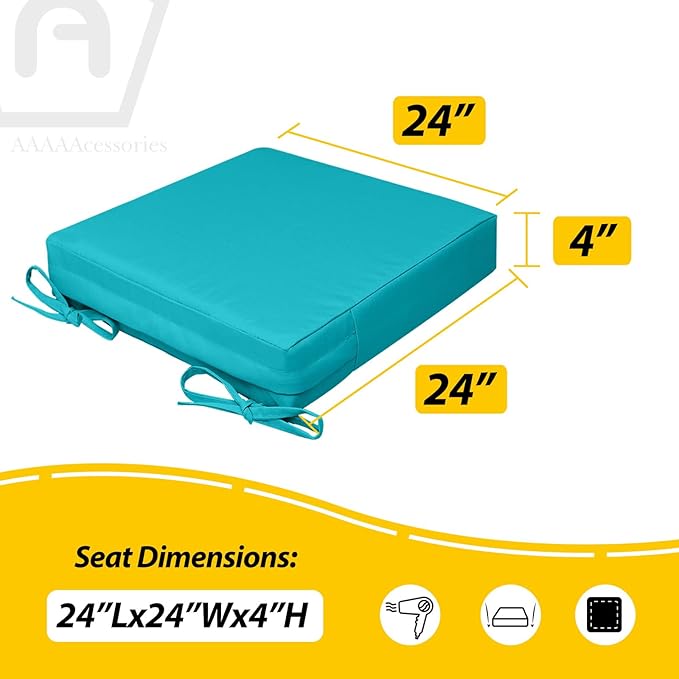 AAAAAcessories Outdoor Seat Cushions for Chairs, Waterproof, Fade-Resistant, 24" x 24" x 4", Patio Furniture Replacement Cushions, Set of 2, Turquoise Blue