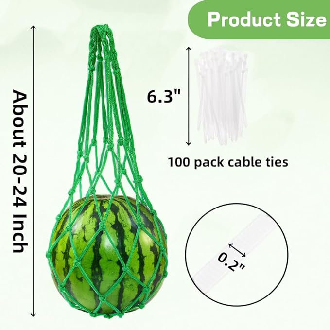 16 Pieces Watermelon Net, Melon Hammocks Cradles with 100 Cable Zip Ties, Heavy Duty Trellis Hammock Net, Pumpkin Support Hanging Bag for Watermelon, Pumpkin and Cantaloupe