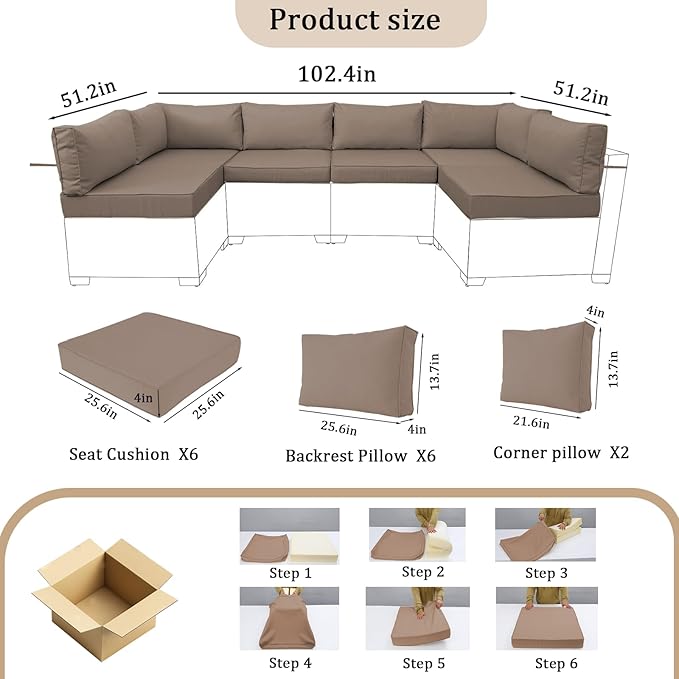 14 Pieces Outdoor Sectional Replacement Cushions for Patio Furniture, 4in Thick Outdoor Sofa Cushions for 6 Seat, Waterproof Deep Seat Couch Patio Cushion Set (Khaki)