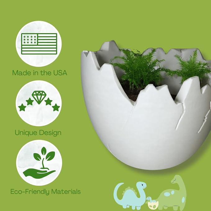 Chatelet Dinosaur Egg Shell Planter | Unique Dinosaur Tabletop Indoor or Outdoor Planter Pot | Flowers, Succulents, or Vegetable Pot | Made in USA (Large White)