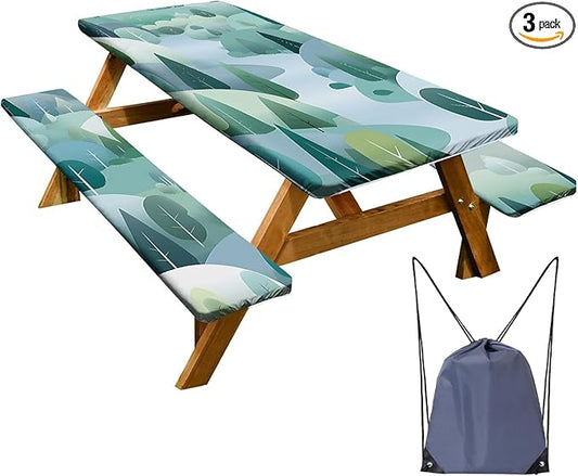 Picnic Table Cover with Bench Covers Set of 3 - Enchanted Woods Illustration, Elastic Fitted Tablecloth for 6 Ft Tables, Washable Polyester Cover for Garden, Indoor & Outdoor