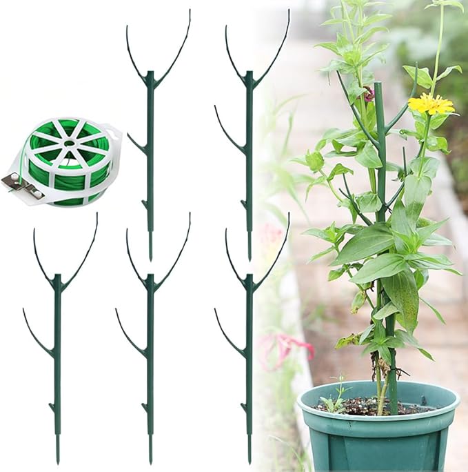 5 Packs Stackable Monstera Plant Support with Twist Ties, Garden Plant Support Stakes for Indoor Outdoor Potted Plants, Garden Plant Poles for Climing Plants Stem Support Structures (Green)
