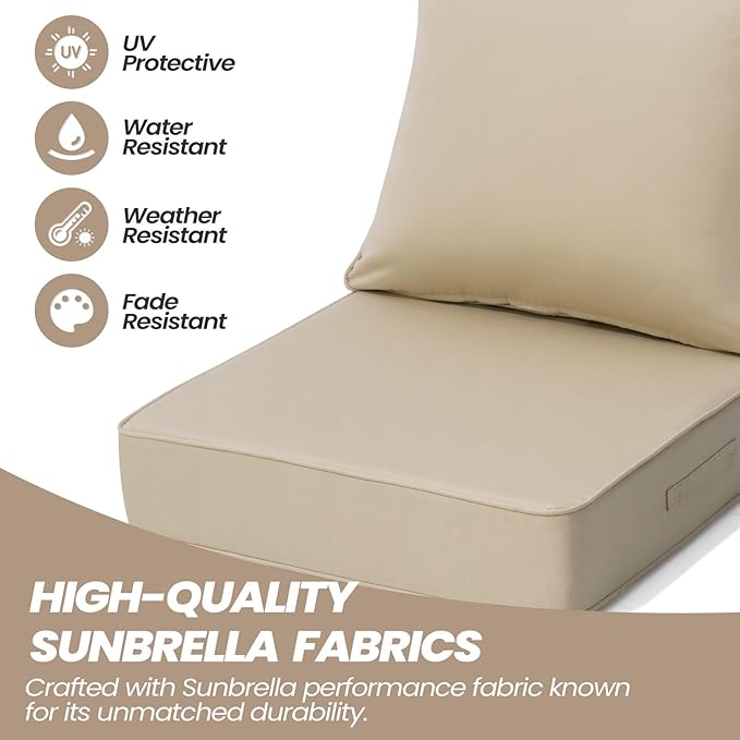 Crestlive Sunbrella 5.5" Outdoor Cushion for Patio Furniture Set of 2, 24 x 24, Waterproof and Fade-Resistant Deep Seat Cushions for Chair, Wicker Sofa and Couch, Antique Beige