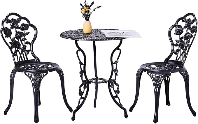 Outvita Patio Table and Chairs Set, Cast Aluminum Outdoor Cafe Table and Chairs Set of 3, Stability Patio Bistro Sets with Umbrella Hole for Garden, Patio, Balcony, Rose Pattern Black
