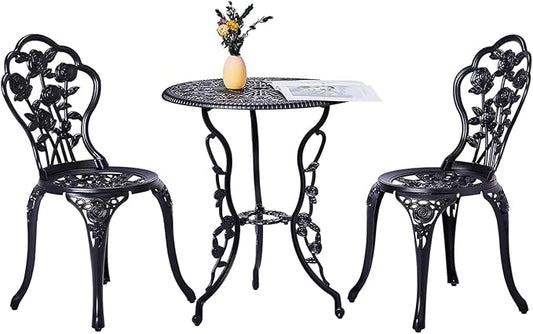 Outvita Patio Table and Chairs Set, Cast Aluminum Outdoor Cafe Table and Chairs Set of 3, Stability Patio Bistro Sets with Umbrella Hole for Garden, Patio, Balcony, Rose Pattern Black
