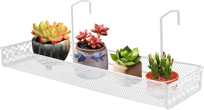 Chris.W Iron Hanging Shelf Basket with Hooks Balcony Succulent Plants Mini Flower Pot Holder Railing Shelf, for Patio Porch or Fence (White)-Small