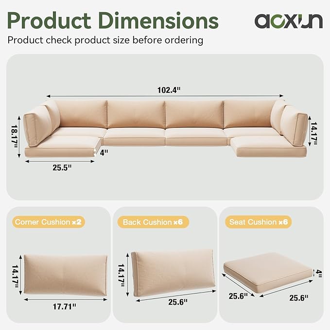 Aoxun Replacement Cushions for Outdoor Furniture, 14-Piece Outdoor Cushions for Patio Furniture, Deep Seat, Splash-Proof & Fade Resistant Couch Cushion for 6-Seat Patio Conversation Sets, Beige