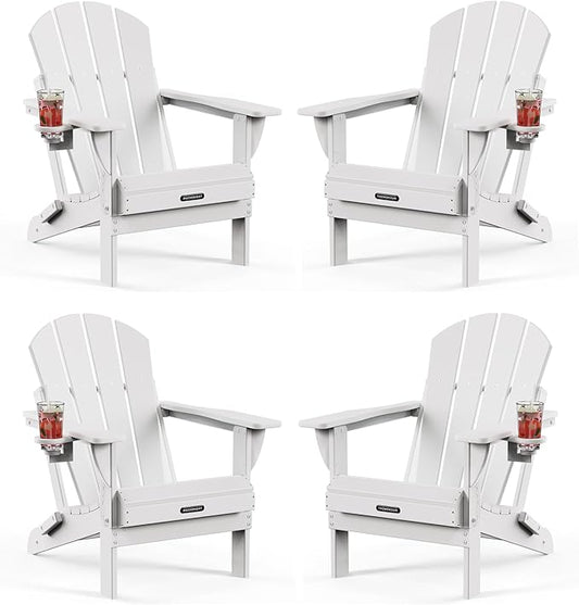 MUCHENGHY Folding Adirondack Chairs 4 Pack, Patio Chairs, Lawn Chairs, Outdoor Chairs, Adirondack Chair Plastic, Fire Pit Chairs, Weather Resistant with Cup Holder for Deck, Backyard, Garden(White)