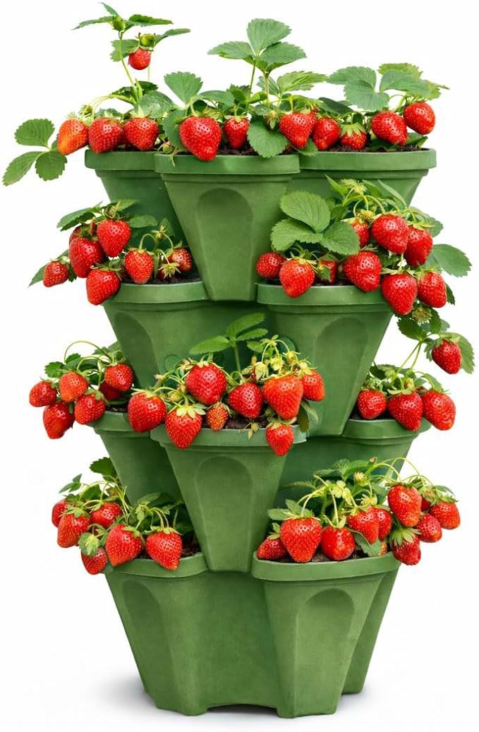 Vertical Garden Planter 4 Tier Stackable System 16 Plants, Space Saving Herb, Strawberry & Food Crop Planter with Center Support Hole for Indoor Outdoor Gardening (8, Sagebrush Green, Small)