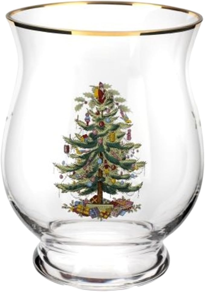 Spode Christmas Tree Hurricane Pillar Candle Holder, Glass Flower Vase, Terrarium Planter, Decorative Centerpiece, Use for Floating Tealights, Home Display, Holiday, 6.5”